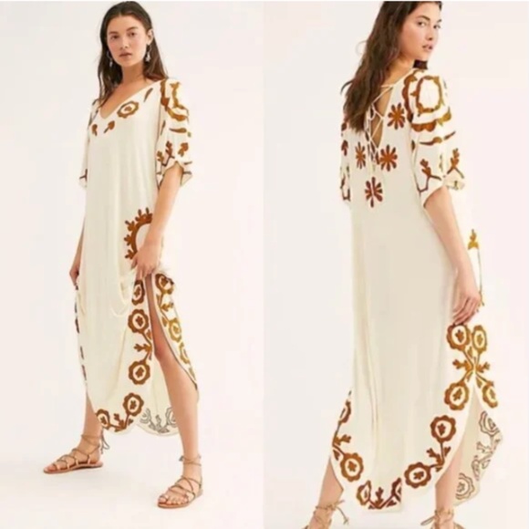 FREE PEOPLE WOMENS LAGUNA SURF MAXI TEE SHIRT DRESS EMBROIDERED BOHO SIZE XS - Picture 1 of 9